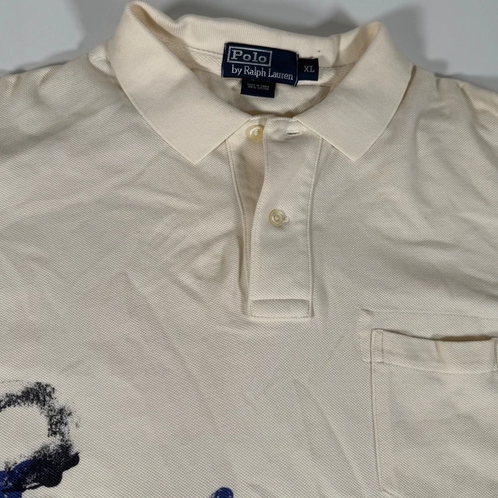 Vintage Polo Ralph Lauren 67 Graphic Polo Shirt XL Cream Varsity Streetwear Y2K